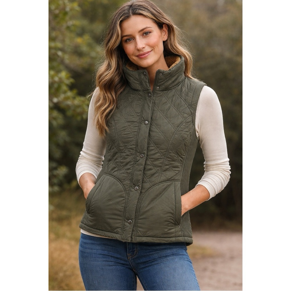 PrAna Olive Green Quilted Puffer Vest Diva Medium M Sherpa Lined Snap Front